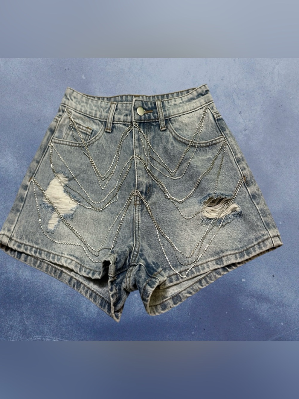 Windsor Silver Rhinestone Distressed Denim Shorts - Blue Wash S
